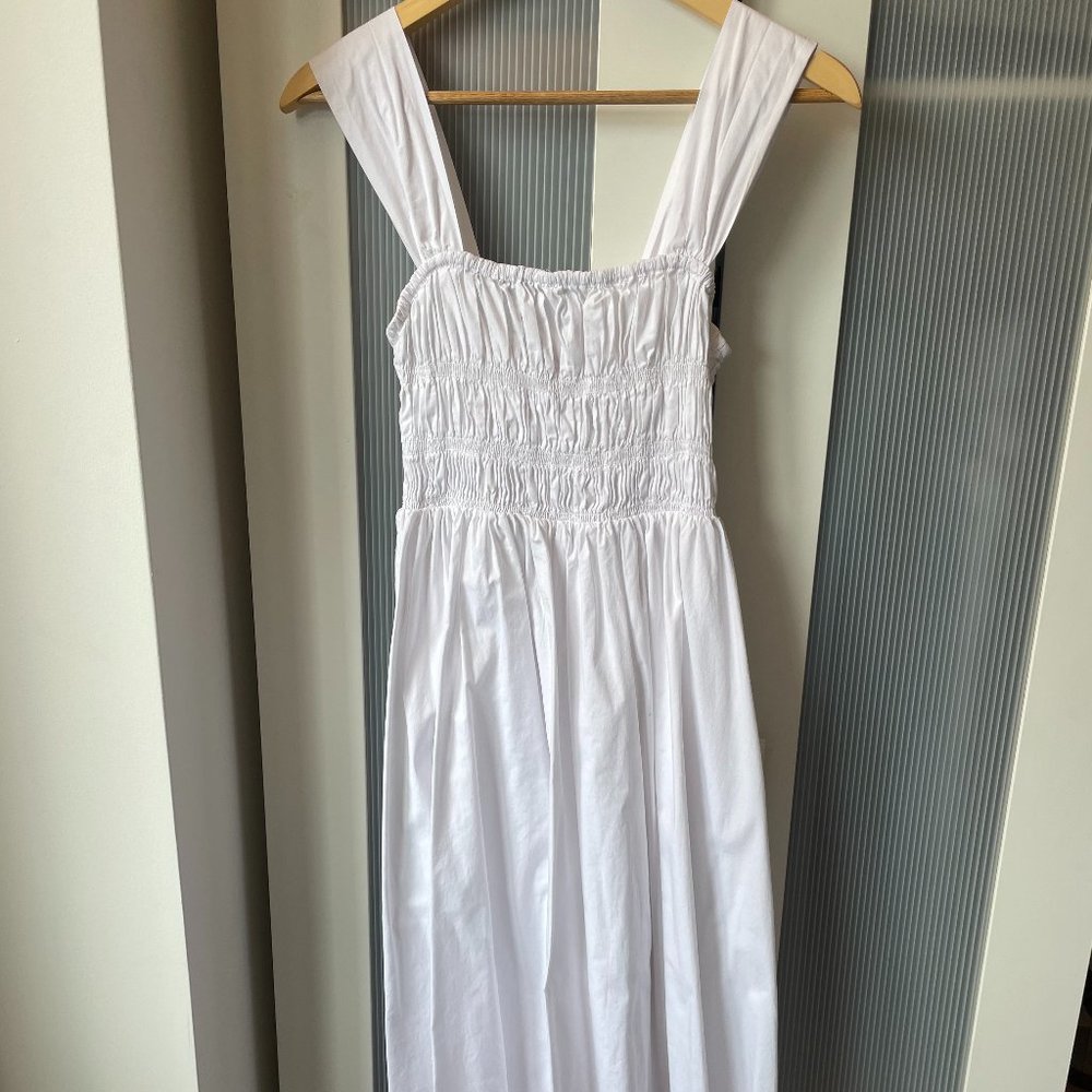 Staud Ida smocked bodice white midi dress, size M
